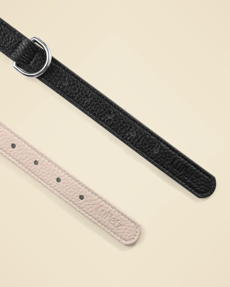 Black and taupe LuKra collars showing the textured Italian leather
