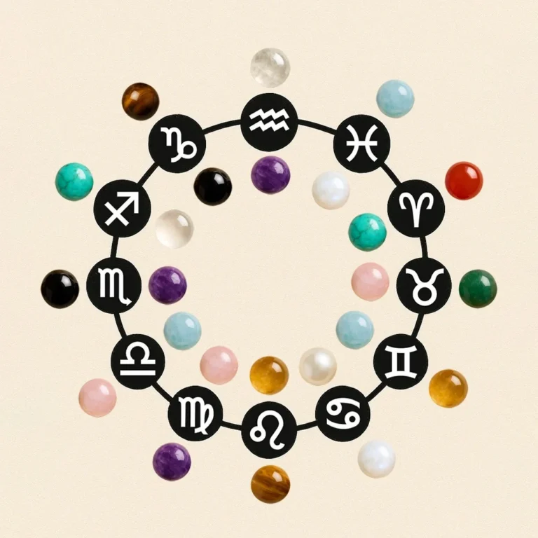 Ring of the twelve zodiac symbols with coloured stone beads