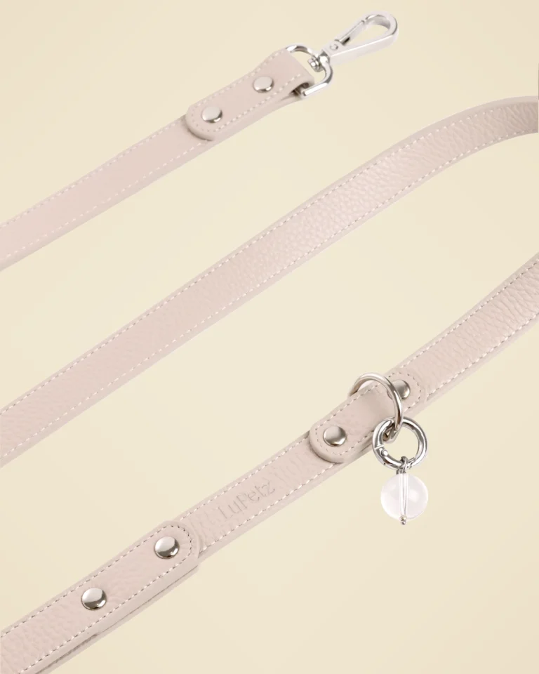 Taupe leather LuKra leash with the pressed LuPetz mark and a clear quartz bead