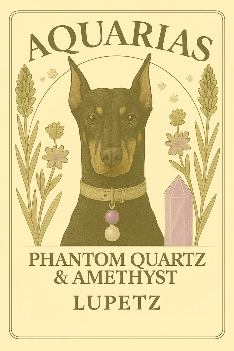 Illustrated Aquarius card: a Doberman with a phantom quartz and amethyst charm