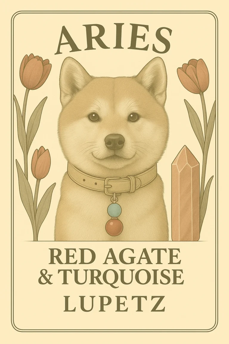 Illustrated Aries card: a Shiba Inu with a red agate and turquoise charm
