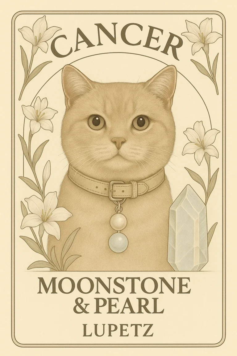 Illustrated Cancer card: a cat with a moonstone and pearl charm