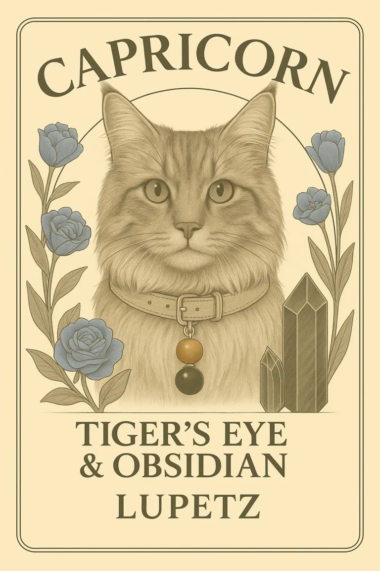 Illustrated Capricorn card: a tabby cat with a tiger's eye and obsidian charm