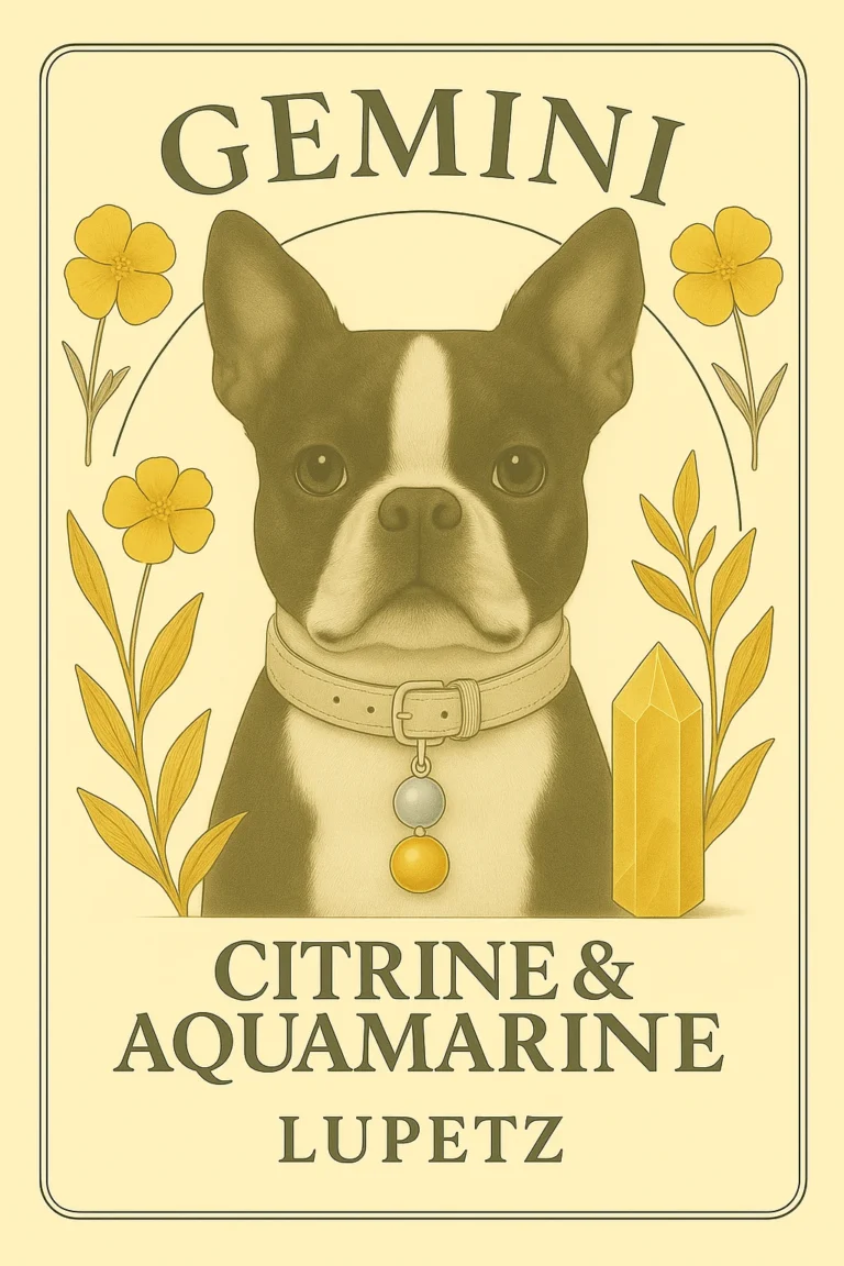 Illustrated Gemini card: a Boston terrier with a citrine and aquamarine charm