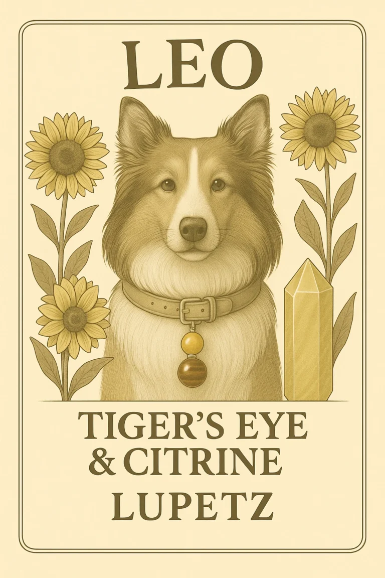 Illustrated Leo card: a long-haired dog with a tiger's eye and citrine charm