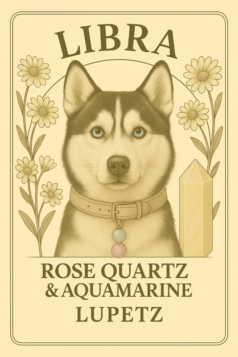 Illustrated Libra card: a husky with a rose quartz and aquamarine charm