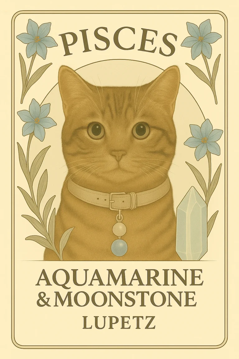 Illustrated Pisces card: an orange cat with an aquamarine and moonstone charm