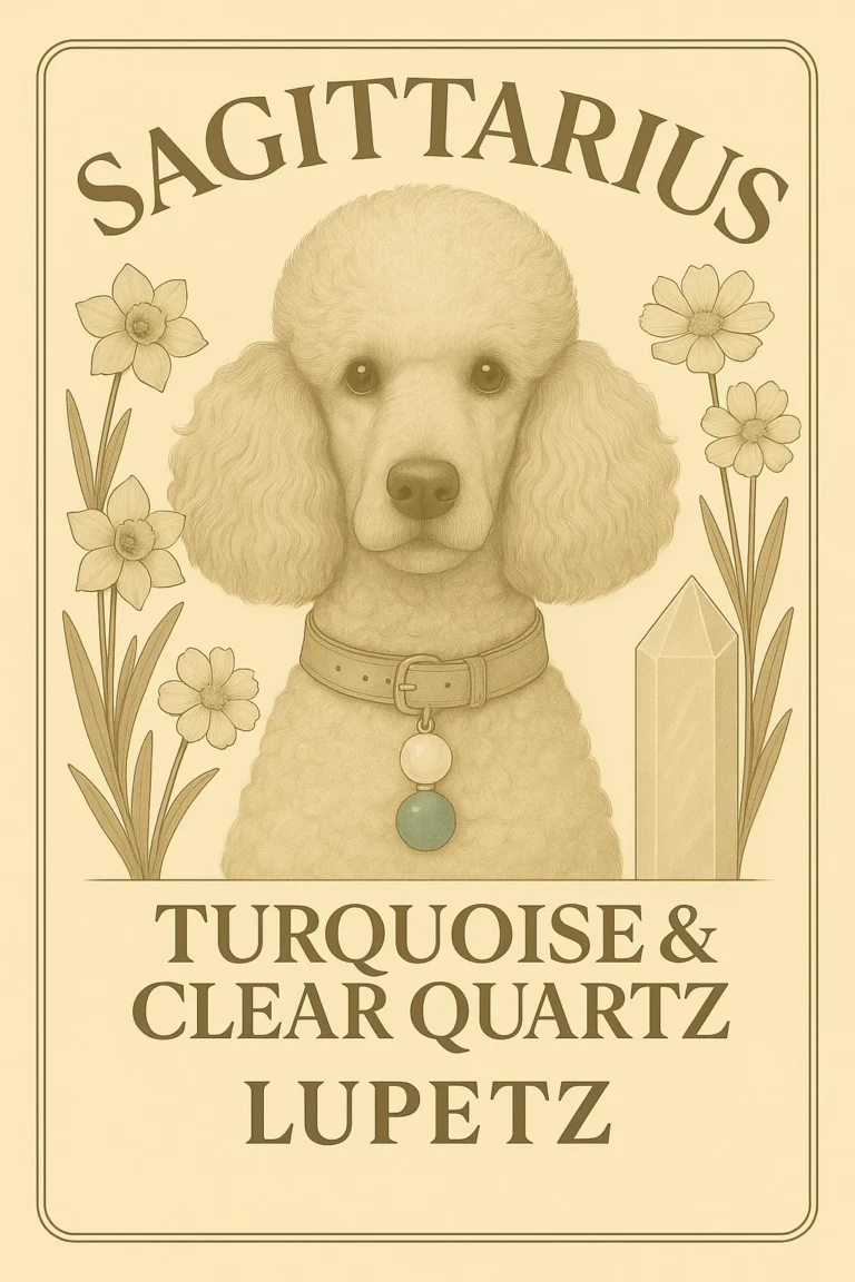 Illustrated Sagittarius card: a poodle with a turquoise and clear quartz charm