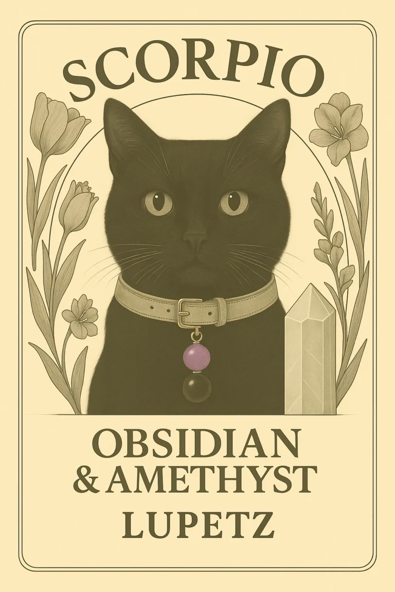 Illustrated Scorpio card: a black cat with an obsidian and amethyst charm