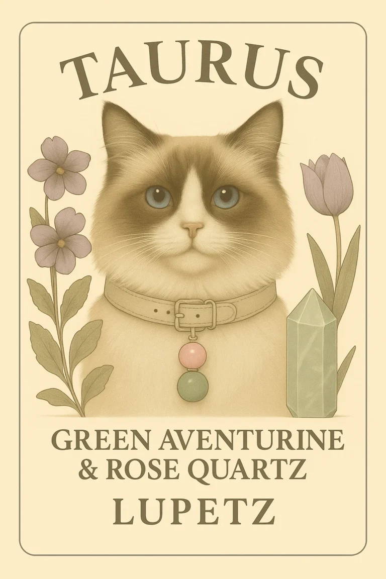Illustrated Taurus card: a colourpoint cat with a green aventurine and rose quartz charm