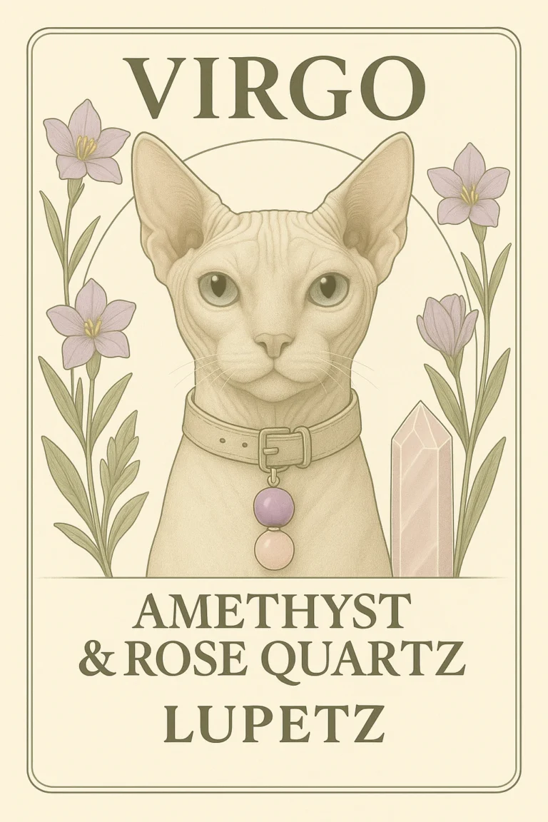 Illustrated Virgo card: a Sphynx cat with an amethyst and rose quartz charm
