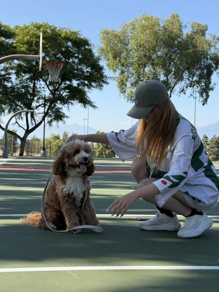 Dog owner relaxing with her dog wearing a LuPetz crystal collar